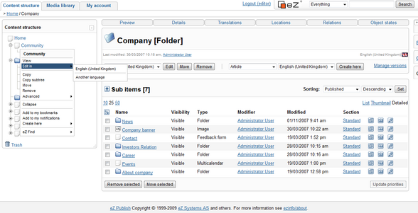 eZ Admin interface refresh preview for ez Publish 4.3